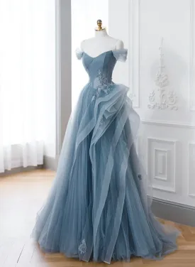 A-line Blue Tulle Long Party Dress with Lace, Off Shoulder Tulle Prom Dress