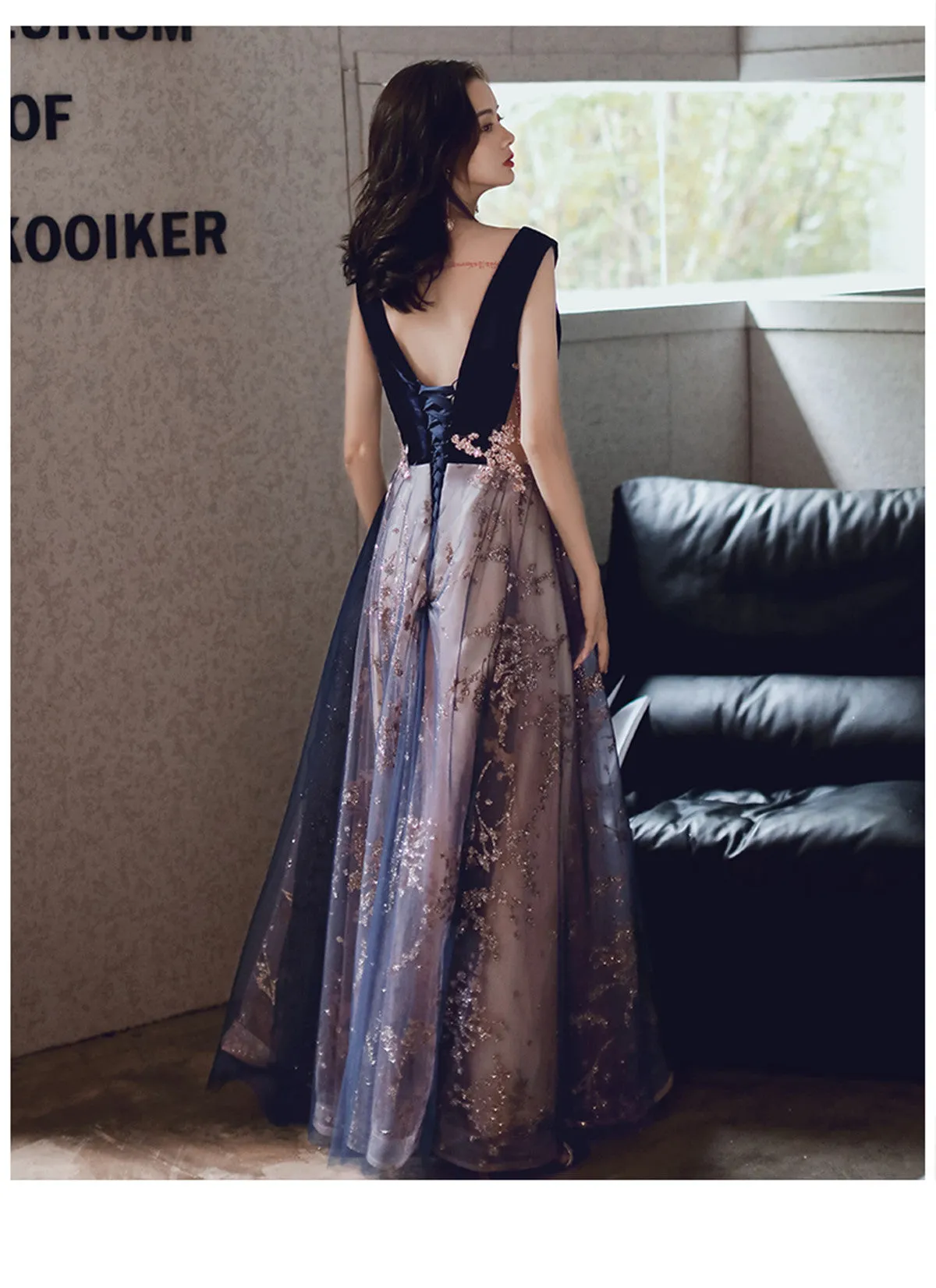 A-line Tulle and Velvet Long Party Dress, Long Evening Dress with Lace