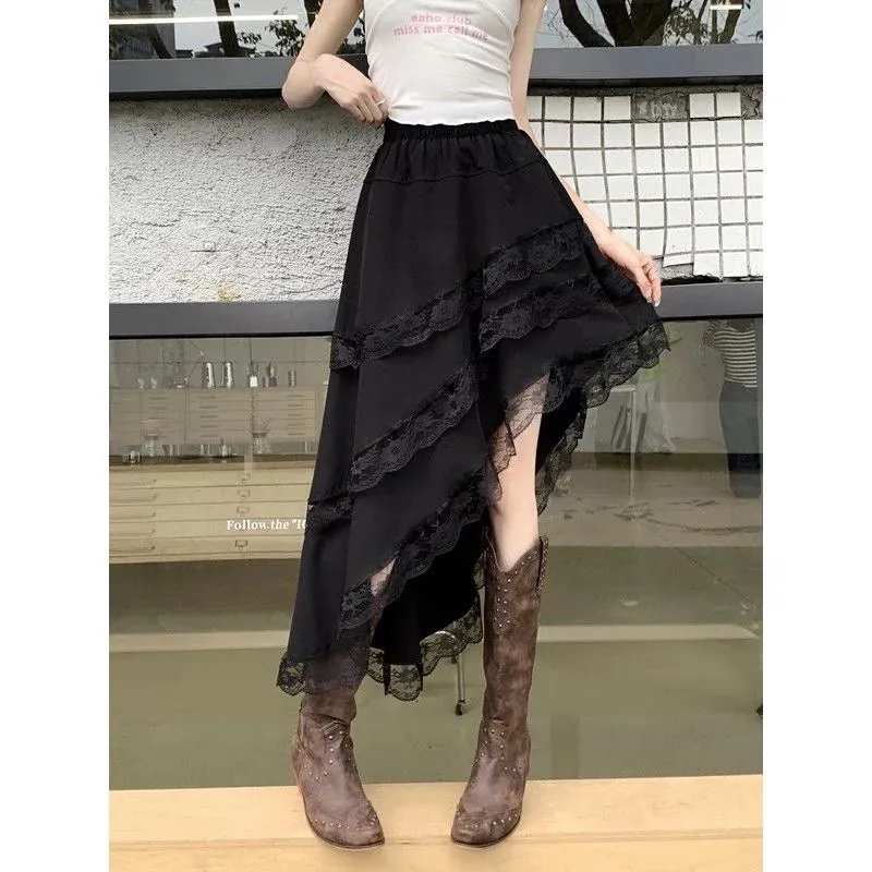 Advbridge Ruffle Lace Irregular Skirt Women Elegant Boho White A-line Skirts Aesthetics Patchwork Korean Style Vintage Y2K Skirt