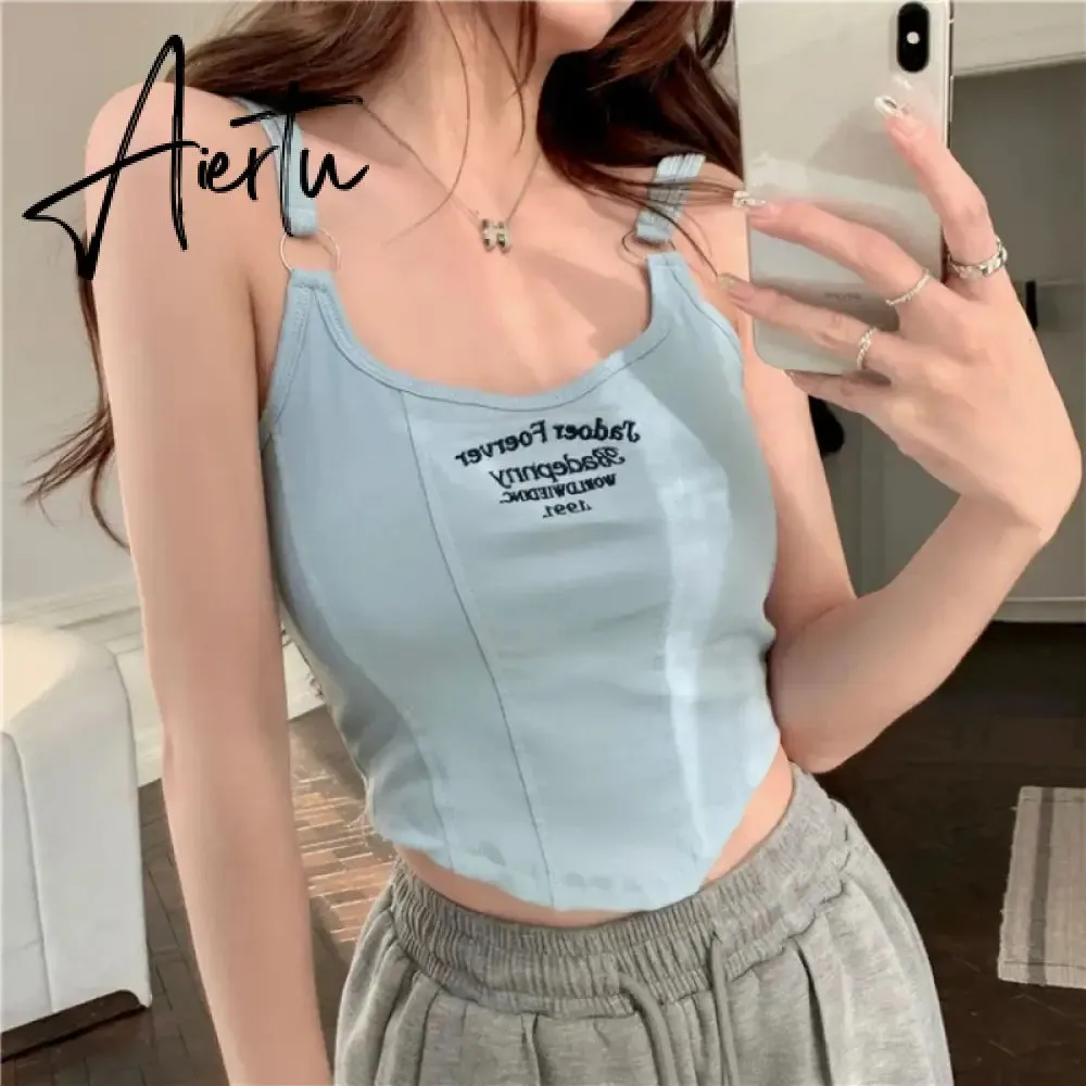 Aiertu New Fashion Tank Tops Women Embroidery Letter Knitted Sexy Sleeveless Camisole Crop Top Ladies Top Camisoles Y2K Streetwear