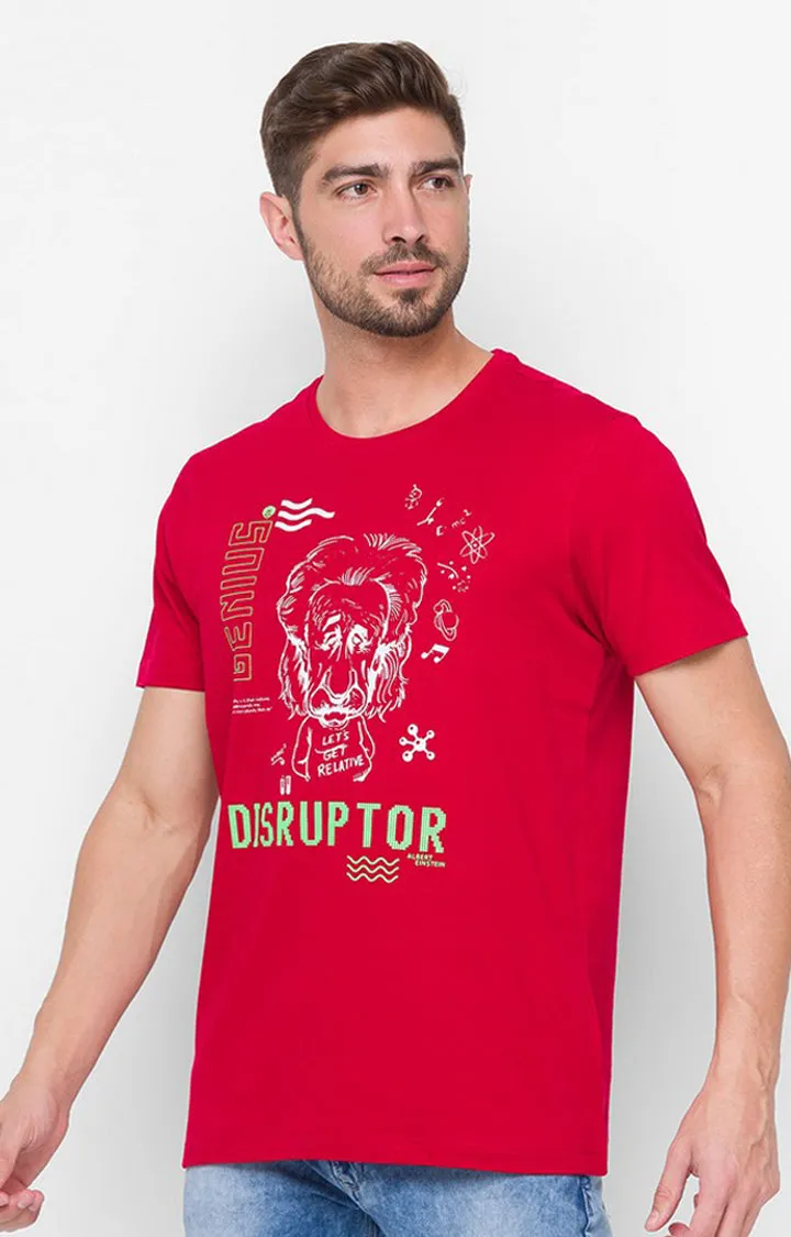 Albert Einstein By Spykar Red Cotton Slim Fit T-Shirt For Men