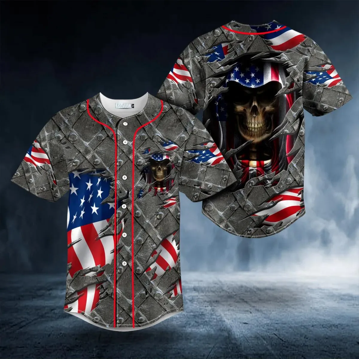 American Flag Grim Reaper Shh Red Eyes Skull Baseball Jersey