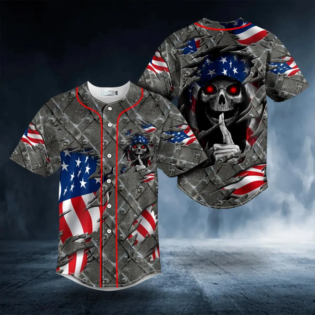 American Flag Grim Reaper Shh Red Eyes Skull Baseball Jersey