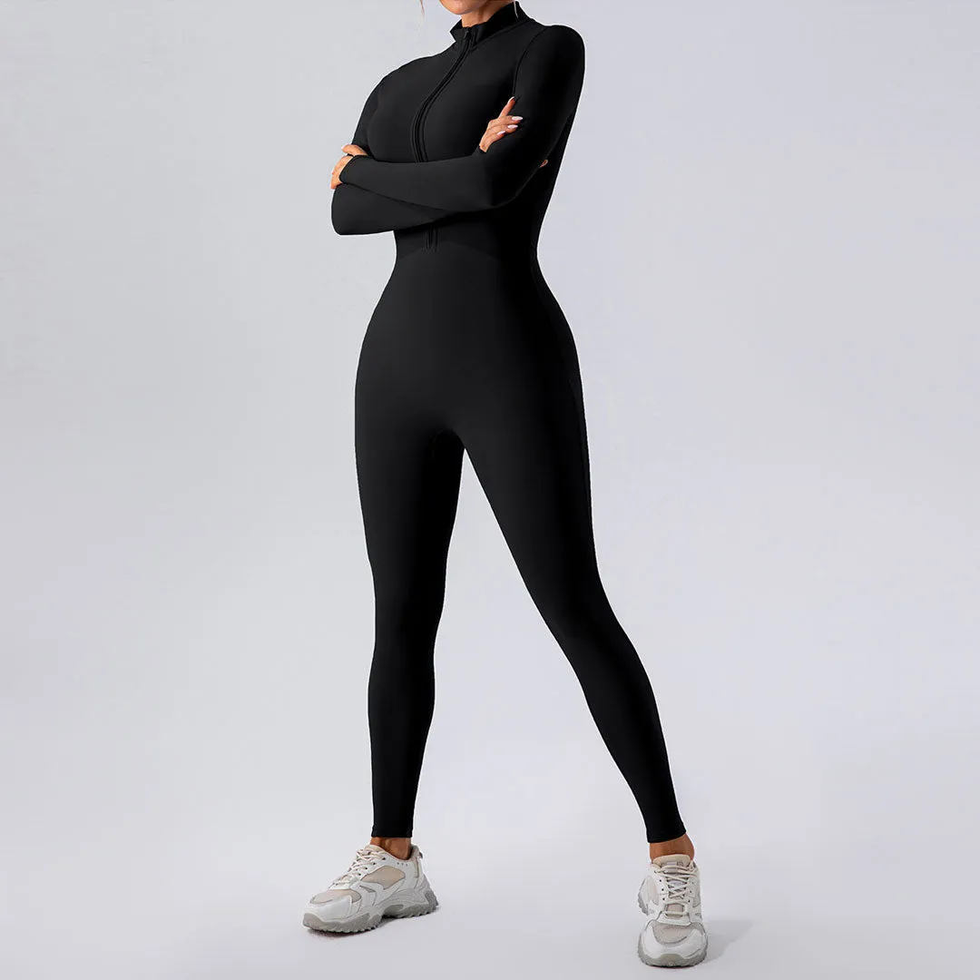 Athletic Mock Neck Zip Up Long Sleeve Skinny Yoga Jumpsuit -Black