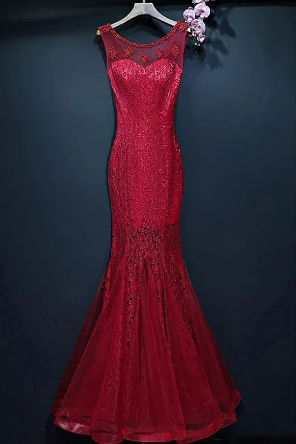 Burgundy  Long Prom Mermaid Formal Dress With Lace Sleeveless  PG690