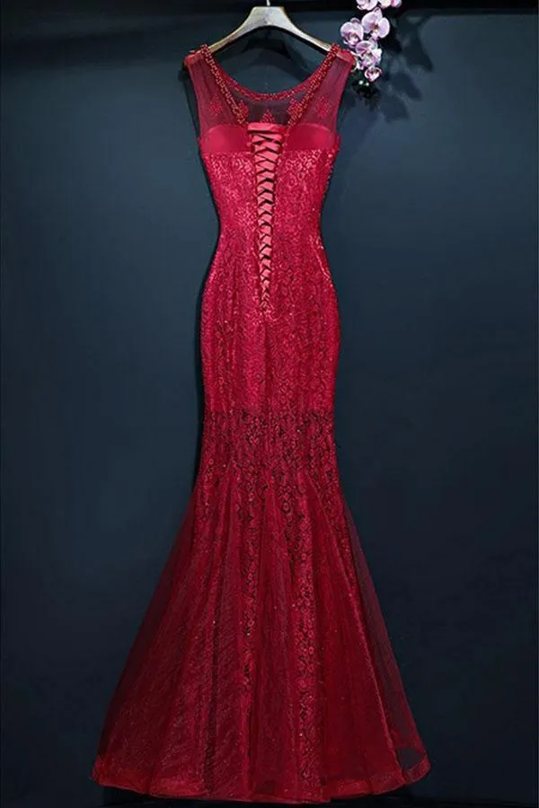 Burgundy  Long Prom Mermaid Formal Dress With Lace Sleeveless  PG690