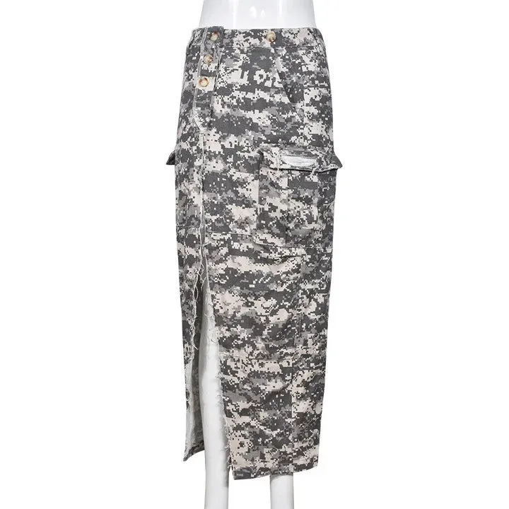 Camouflage Skirts For Women High Waist Split Patchwork Tassel Temperament Skirt  Female Fashion Clothing