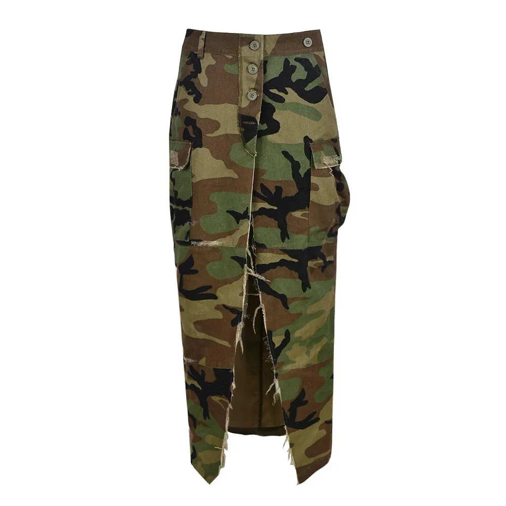 Camouflage Skirts For Women High Waist Split Patchwork Tassel Temperament Skirt  Female Fashion Clothing