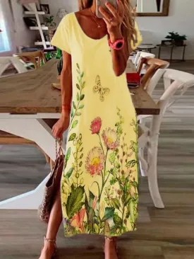 Casual Short Sleeve Flower Slit Dress