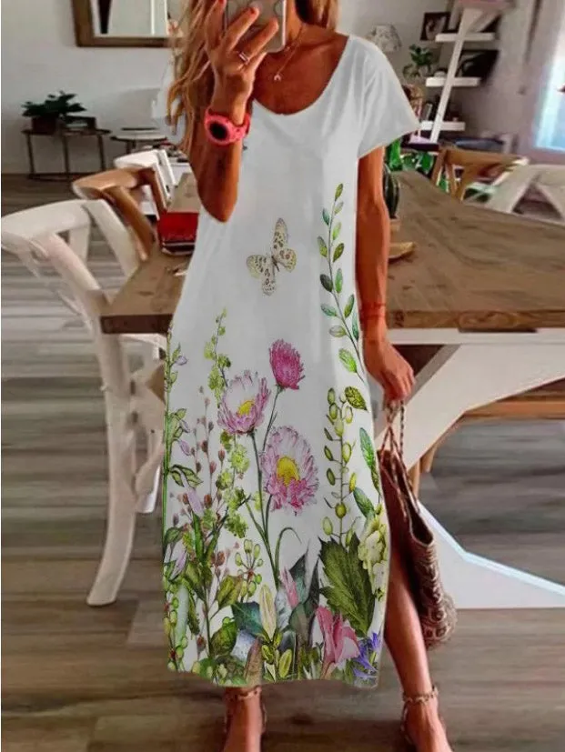 Casual Short Sleeve Flower Slit Dress