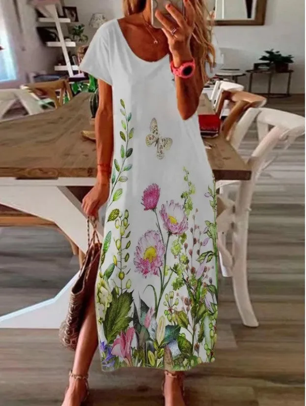 Casual Short Sleeve Flower Slit Dress