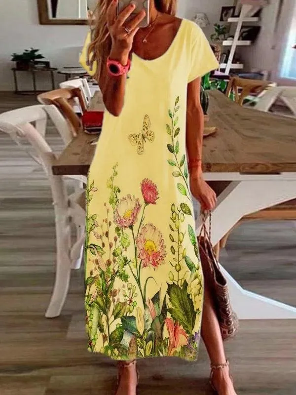 Casual Short Sleeve Flower Slit Dress