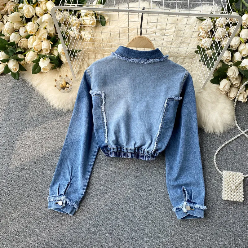 Chic denim long-sleeved cropped top     S42