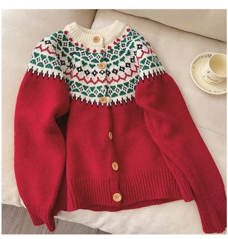 Christmas wear long-sleeved sweater jacket for women jacquard cardigan top     S4817