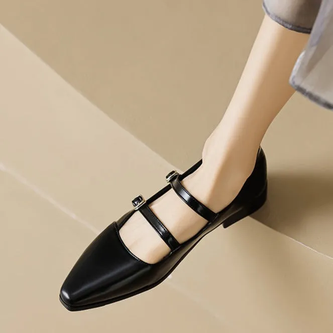 Closed Pointed Toe Strappy Pumps With Low Chunky Heels