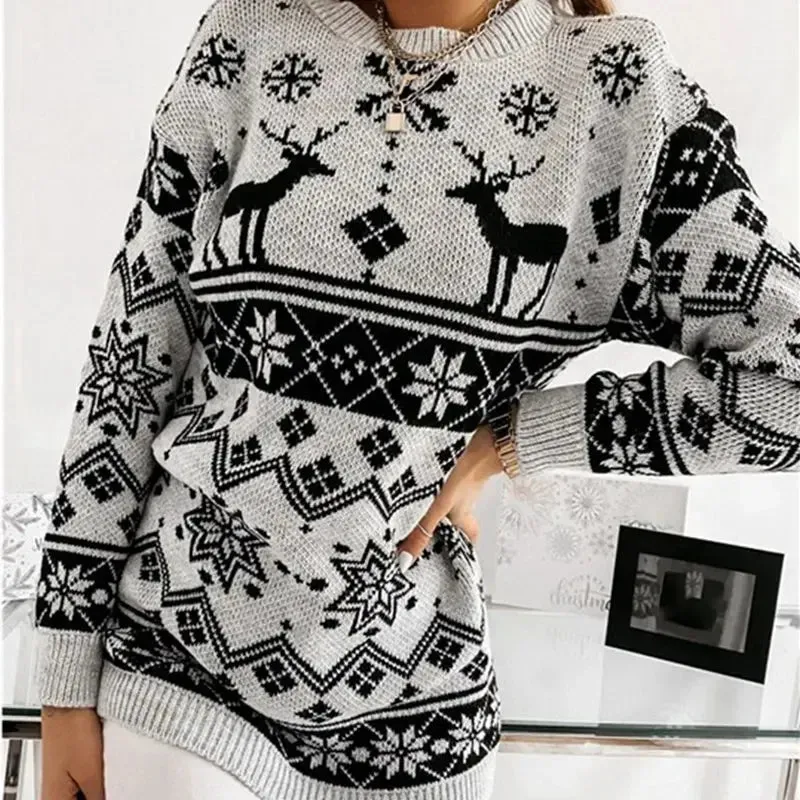 Deer Print Casual Loose Long Sleeve O Neck Christmas Sweater