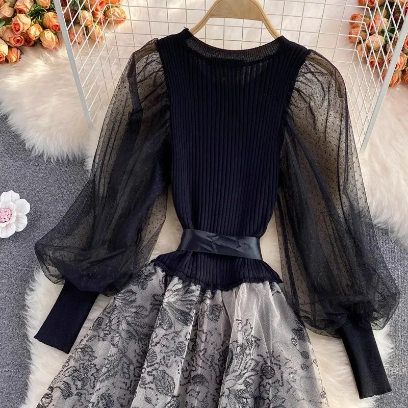 Fashionable Elegant Knitted Puff Sleeve Round Neck Dress     S4172