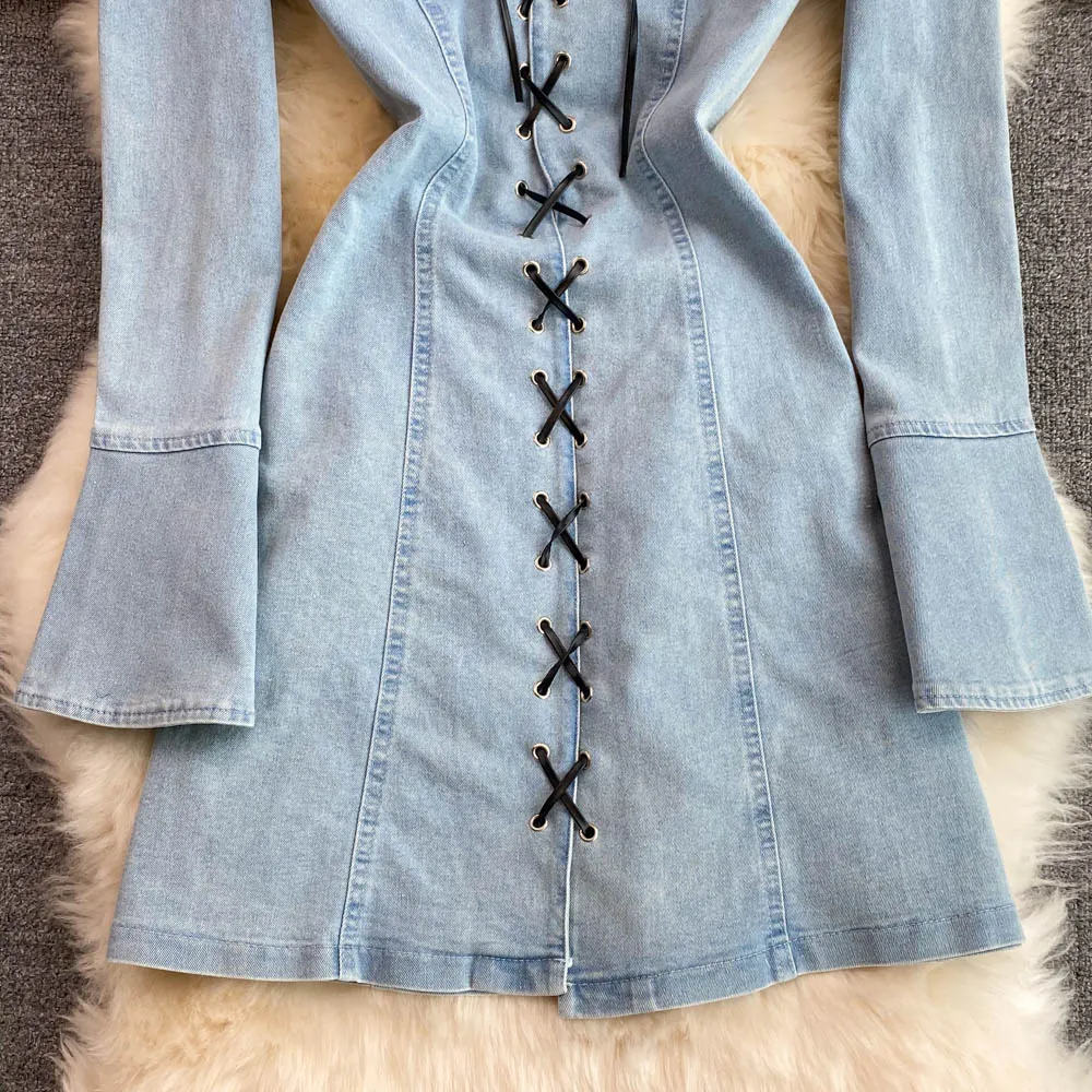 Fashionable lace-up A line denim dress fashion dress    S519