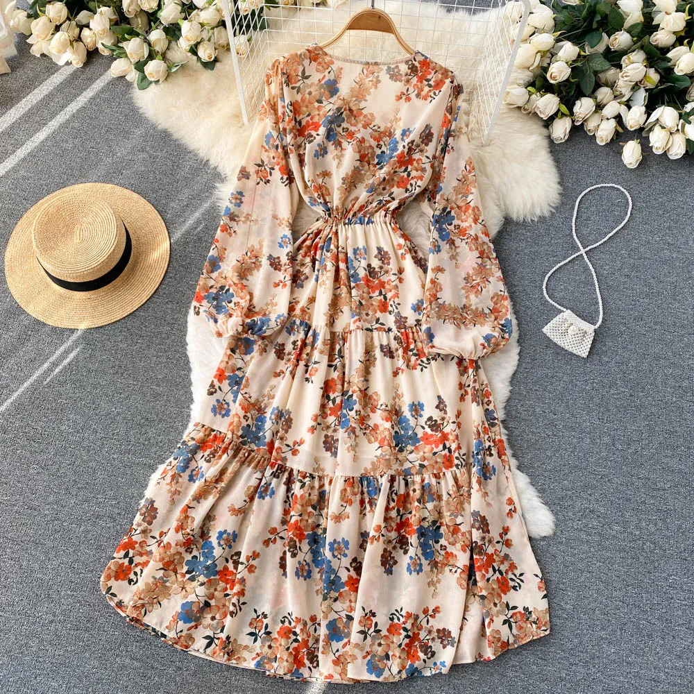 Floral Print OL Dress Summer Women Elegant Long Lantern Sleeve Robe Vintage   S551