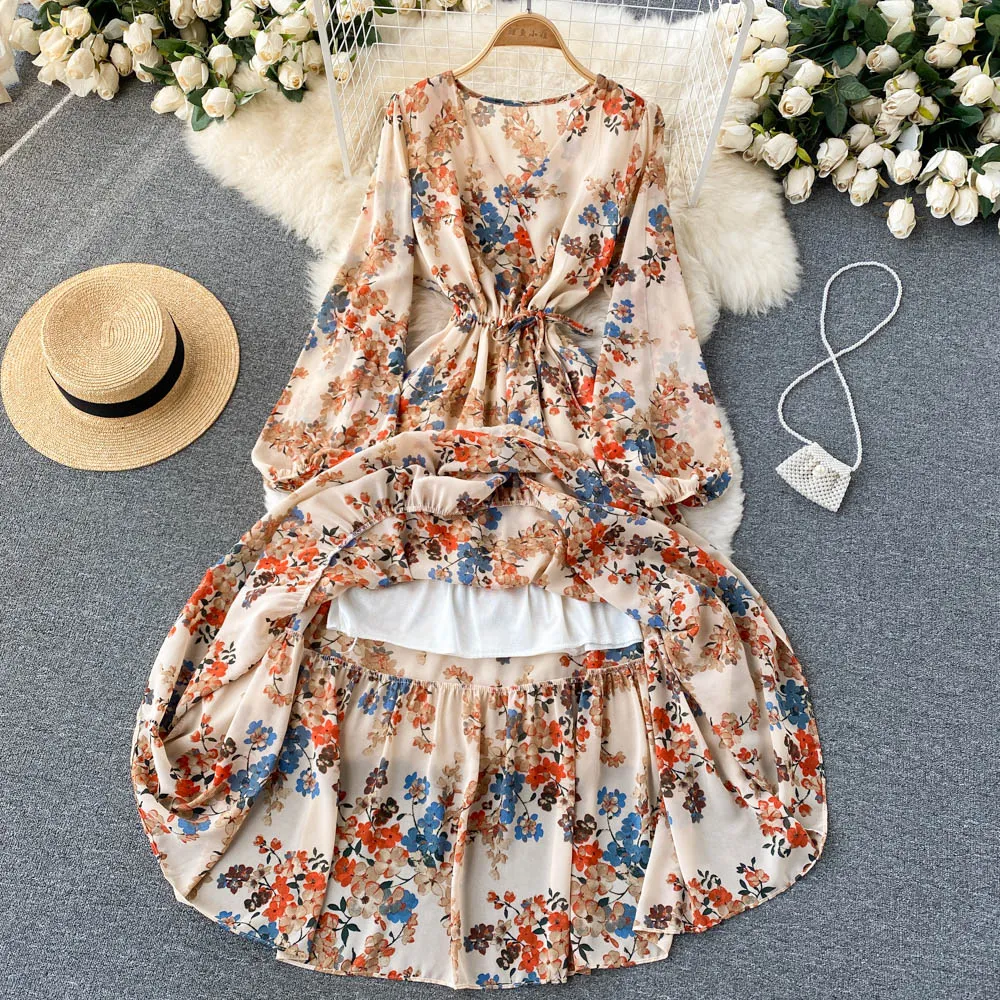 Floral Print OL Dress Summer Women Elegant Long Lantern Sleeve Robe Vintage   S551