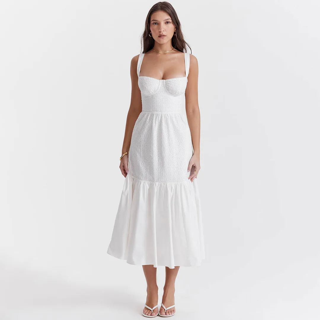 French Style Bustier Embroidered Broderie Anglaise Ruffled Midi Sundress