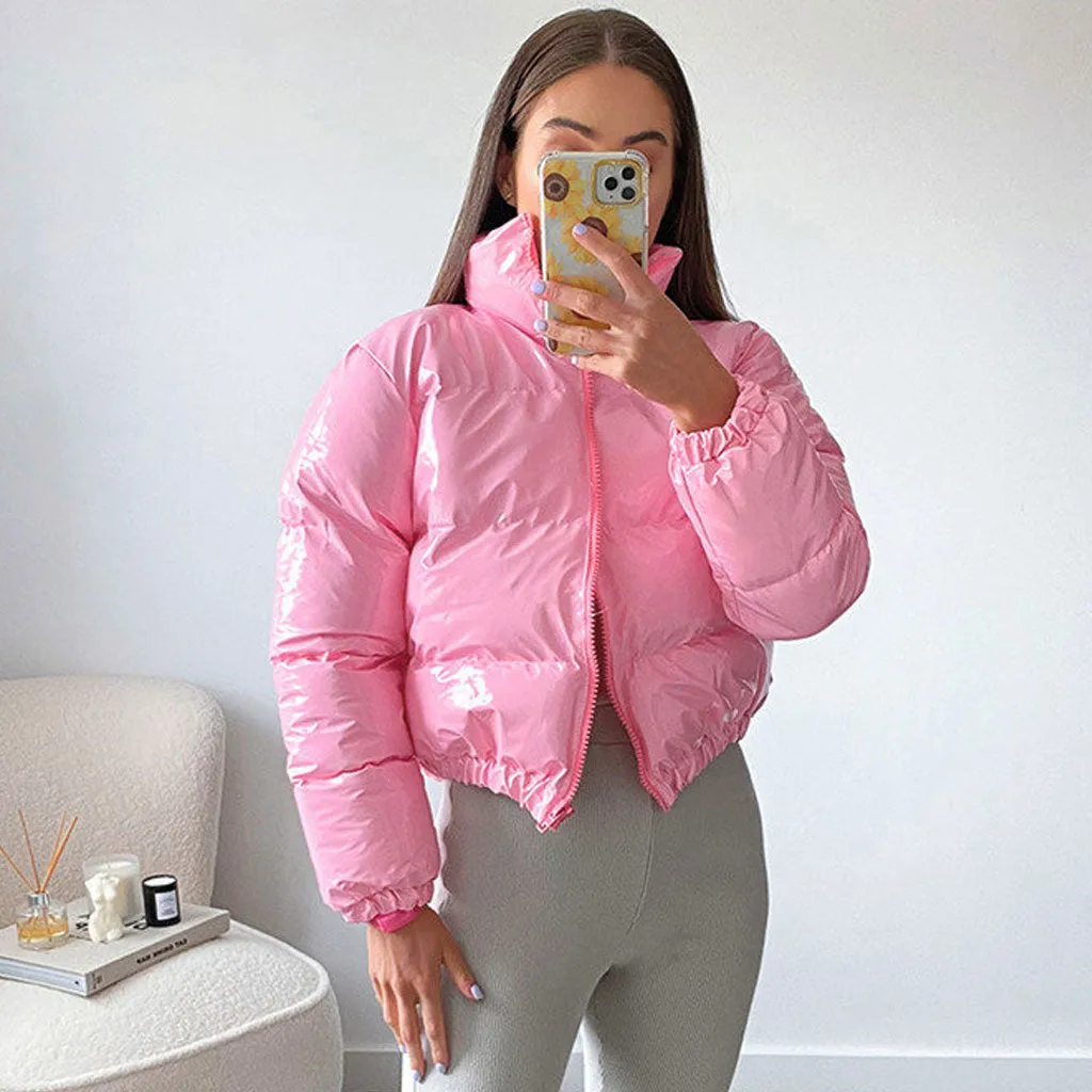 Glossy High Neck Long Sleeve Cropped Down Puffer Coat - Pink