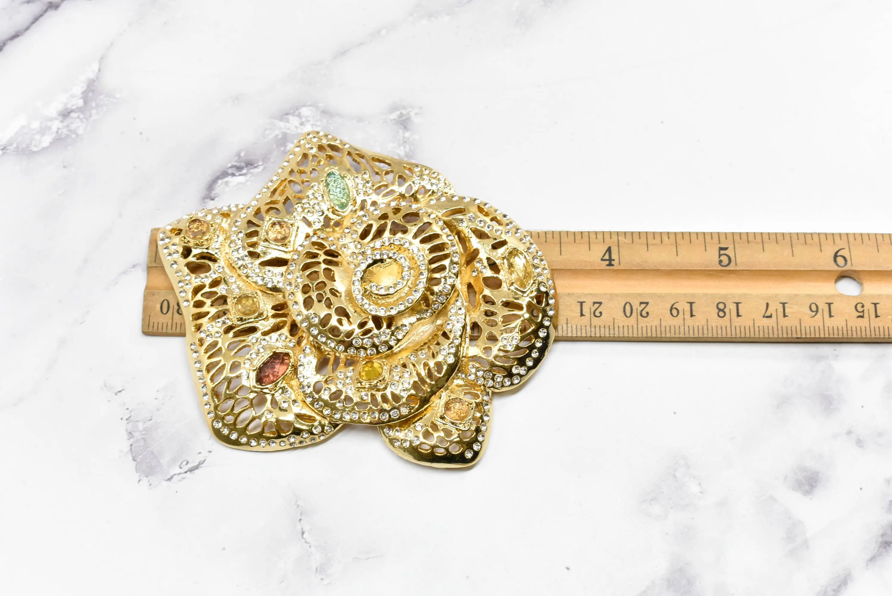 Gold Metal Rhinestone Rose Buckle Applique