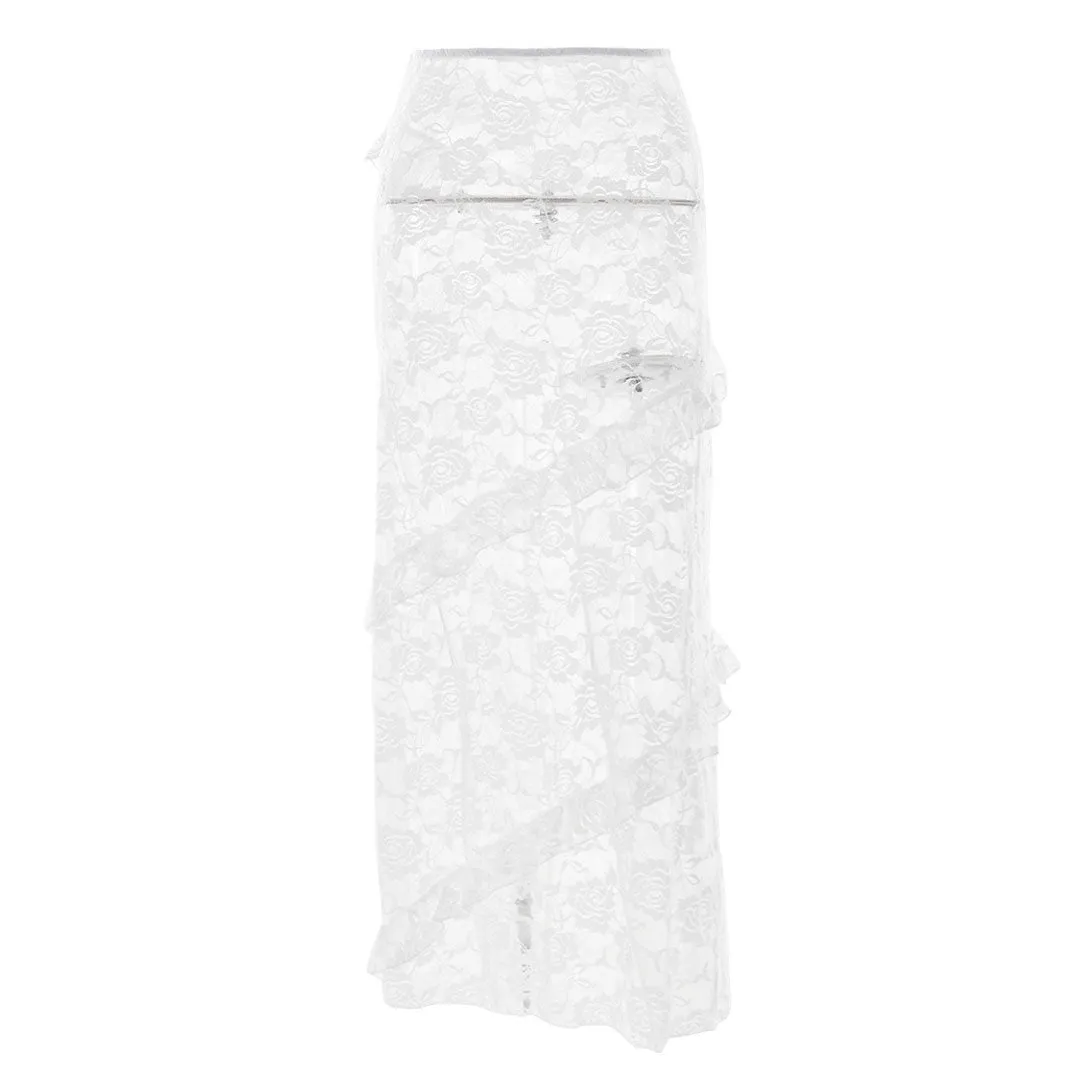 Gothic Style High Waist Ruffle Fishtail Rose Lace Sheer Midi Skirt - White