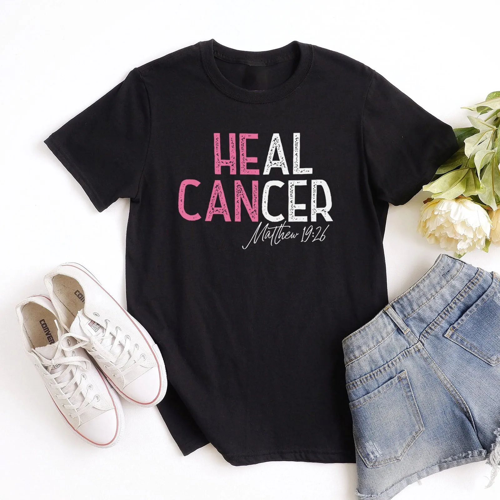 He Can Heal Cancer Pink Tee Shirts For Women - Christian Shirts for Women - Religious Tee Shirts