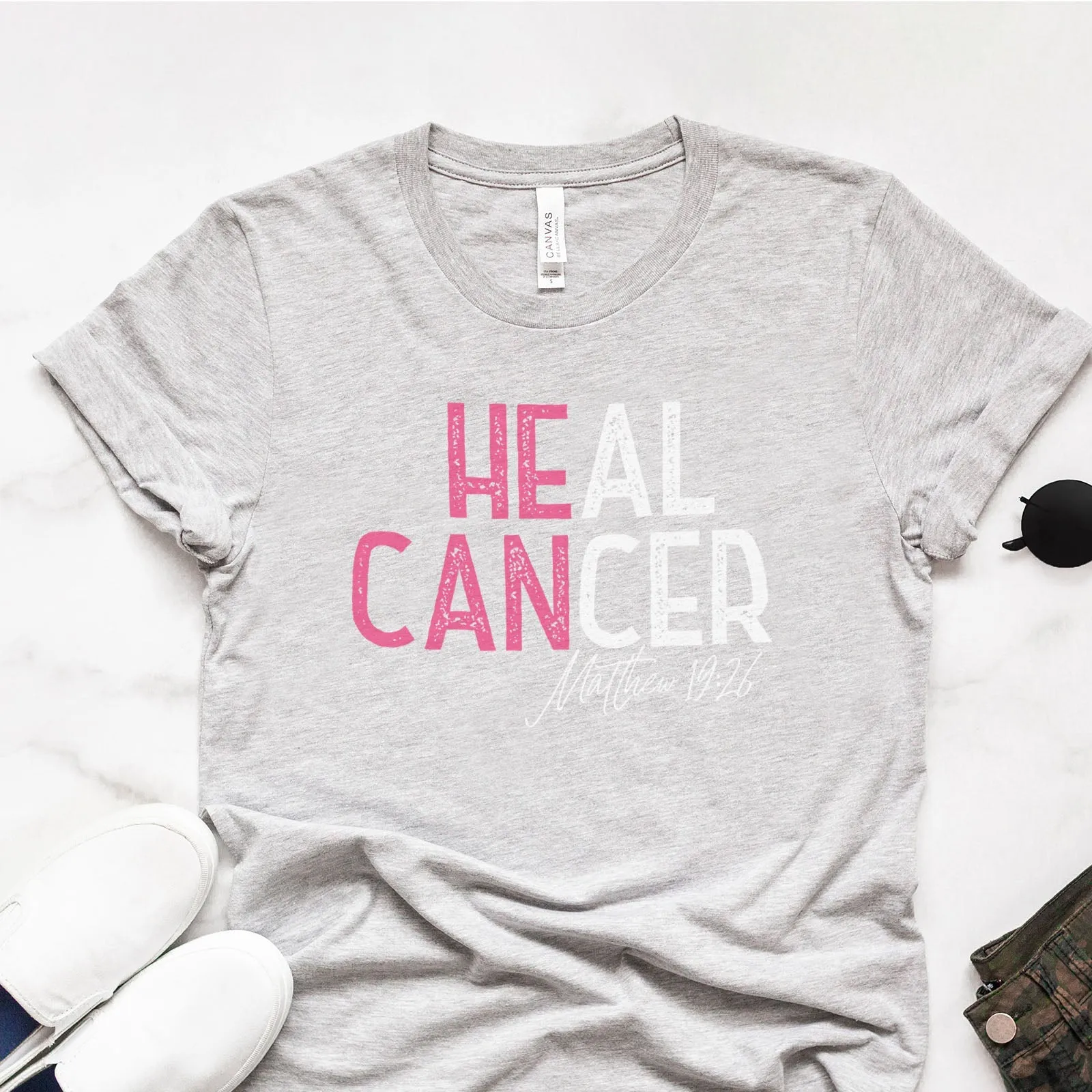 He Can Heal Cancer Pink Tee Shirts For Women - Christian Shirts for Women - Religious Tee Shirts