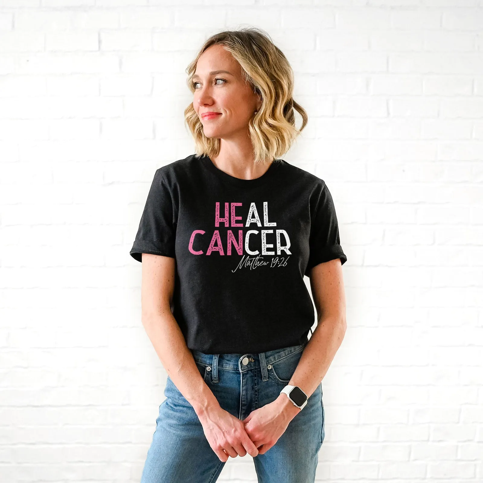 He Can Heal Cancer Pink Tee Shirts For Women - Christian Shirts for Women - Religious Tee Shirts