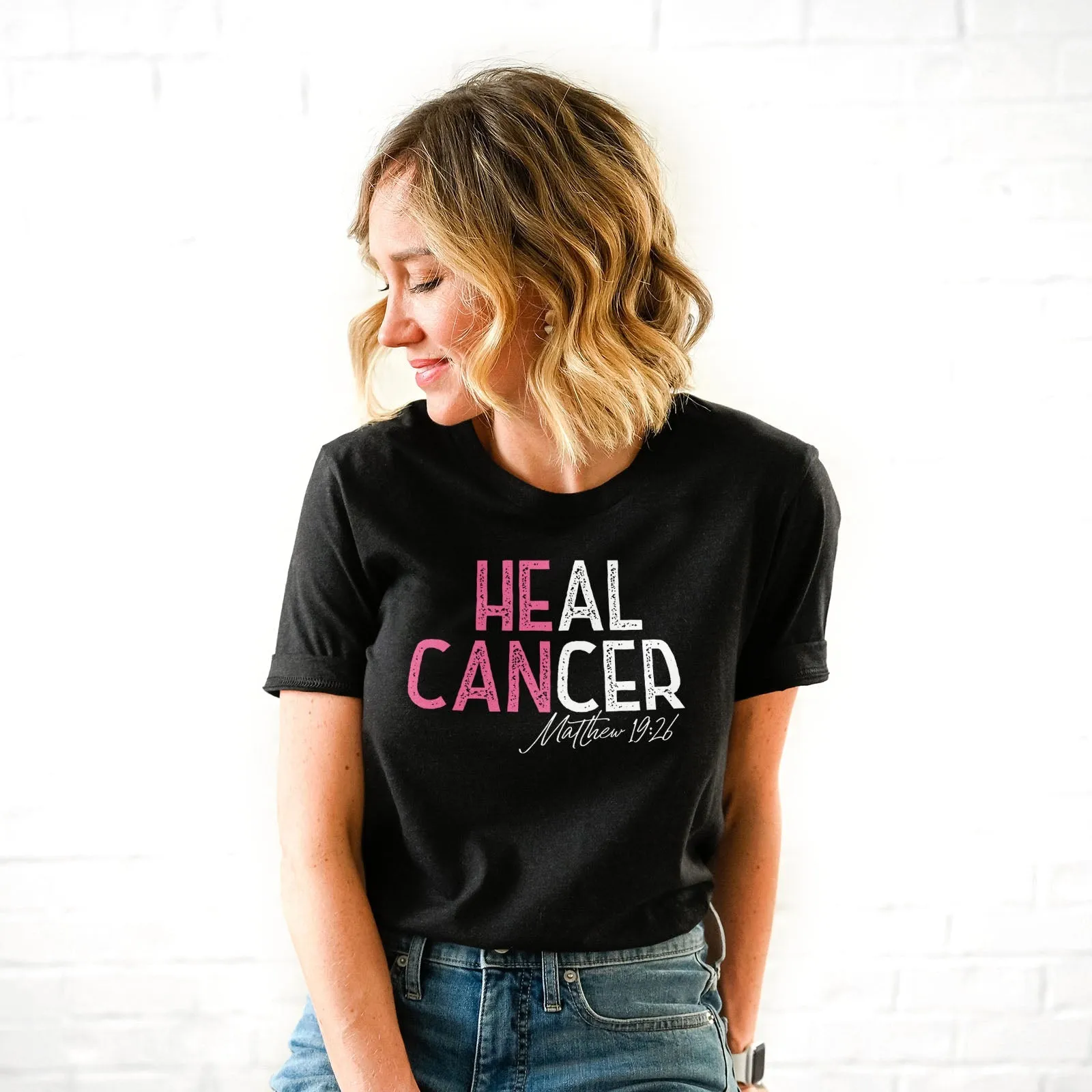 He Can Heal Cancer Pink Tee Shirts For Women - Christian Shirts for Women - Religious Tee Shirts