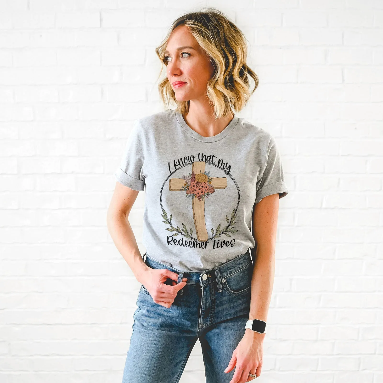 I Know That My Redeemer Lives Easter Cross Floral Tee Shirts For Women - Christian Easter T Shirts