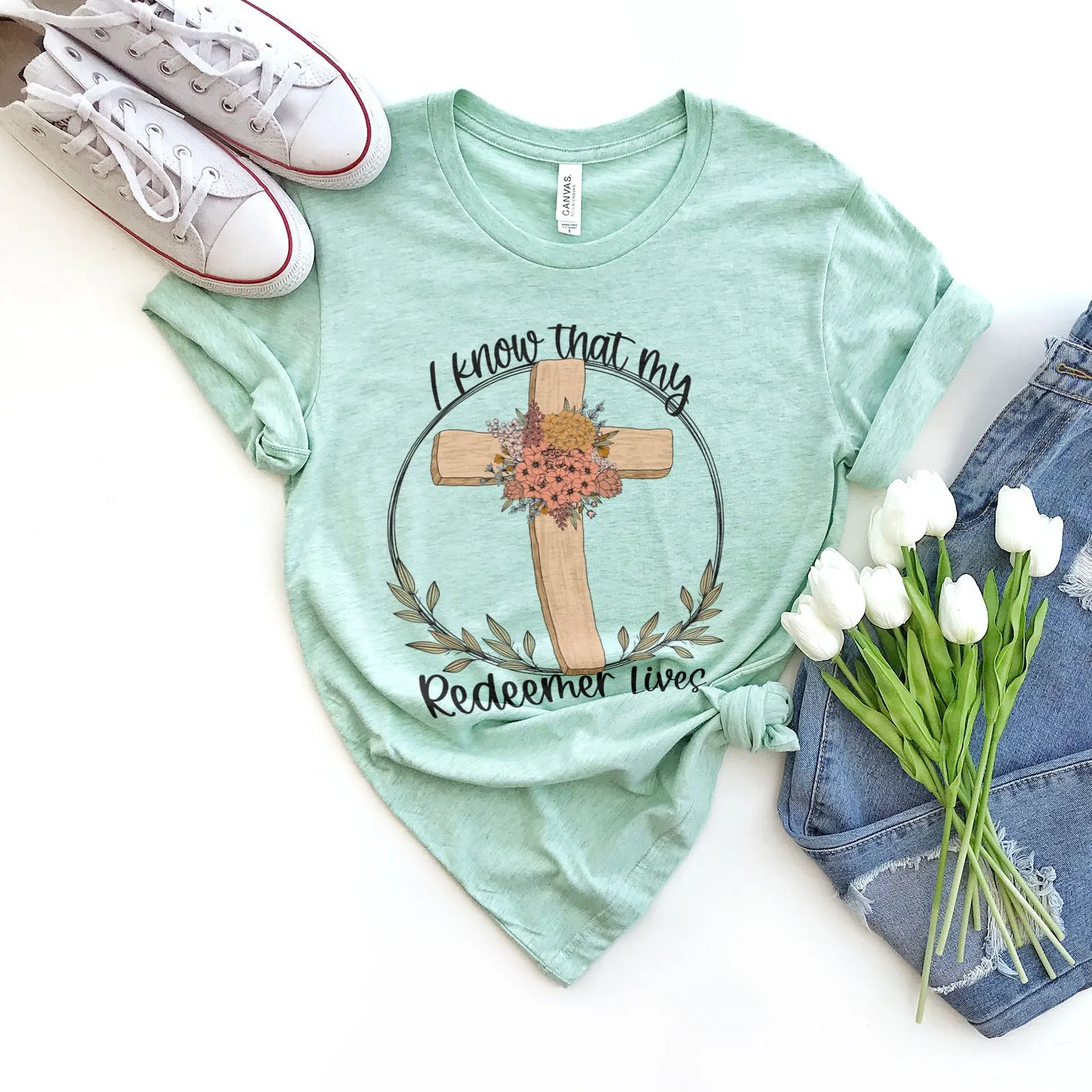 I Know That My Redeemer Lives Easter Cross Floral Tee Shirts For Women - Christian Easter T Shirts