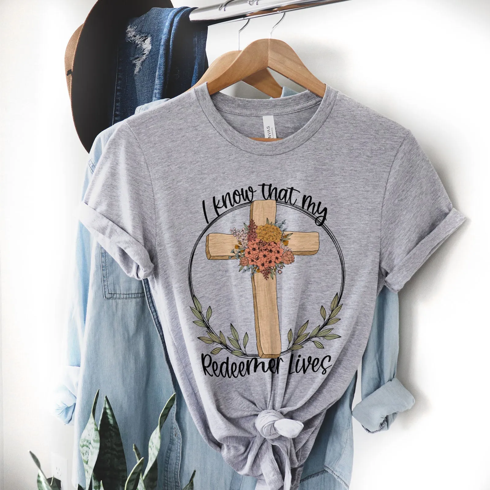 I Know That My Redeemer Lives Easter Cross Floral Tee Shirts For Women - Christian Easter T Shirts