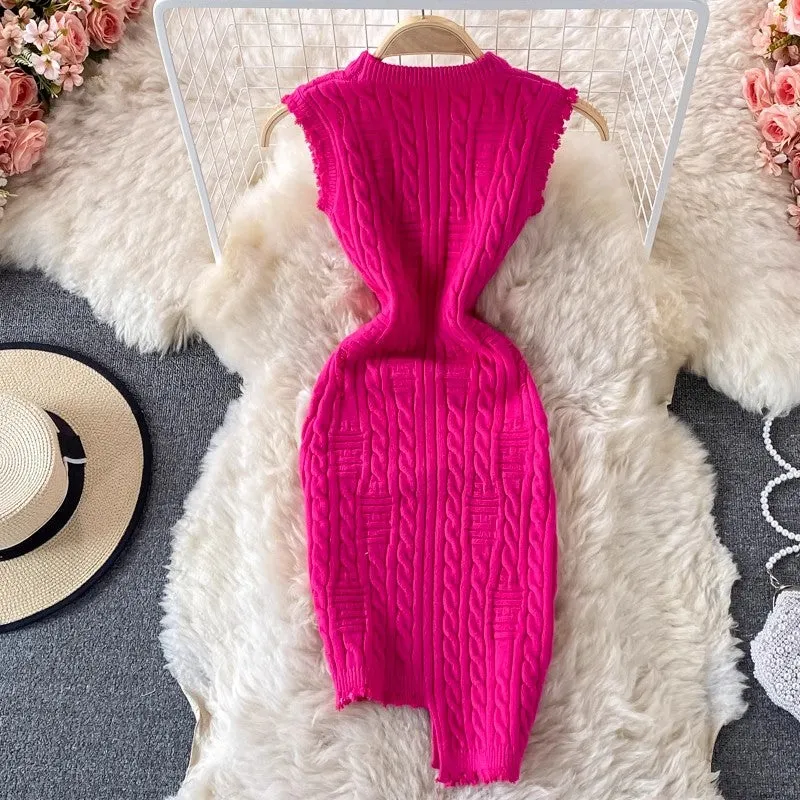 Irregular Sleeveless Vest Knitted Dress Round Neck  Sweater Skirt Women      S4302