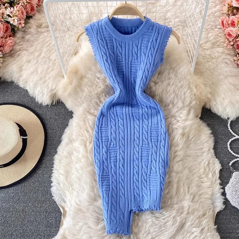 Irregular Sleeveless Vest Knitted Dress Round Neck  Sweater Skirt Women      S4302