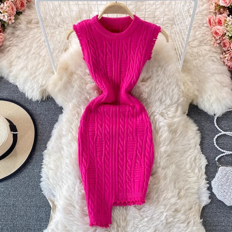 Irregular Sleeveless Vest Knitted Dress Round Neck  Sweater Skirt Women      S4302