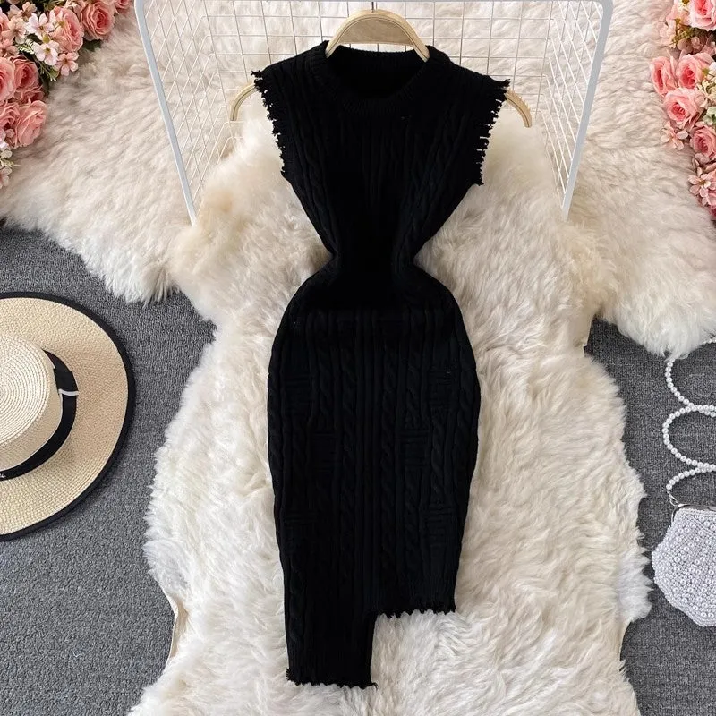 Irregular Sleeveless Vest Knitted Dress Round Neck  Sweater Skirt Women      S4302