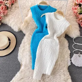 Irregular Sleeveless Vest Knitted Dress Round Neck  Sweater Skirt Women      S4302