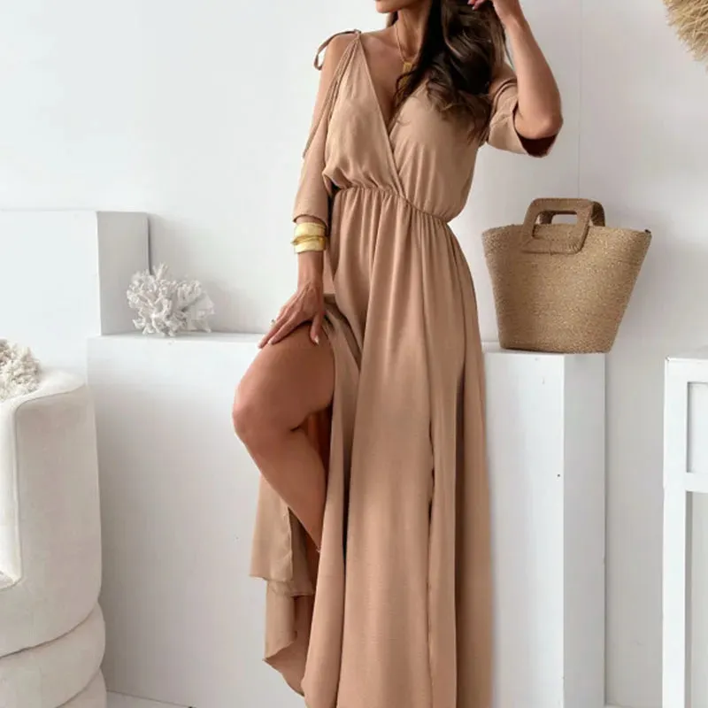 Lady V Neck Hollow High Waist Solid Color Pleated Commuting Loose Short Sleeved Party Sexy Dress