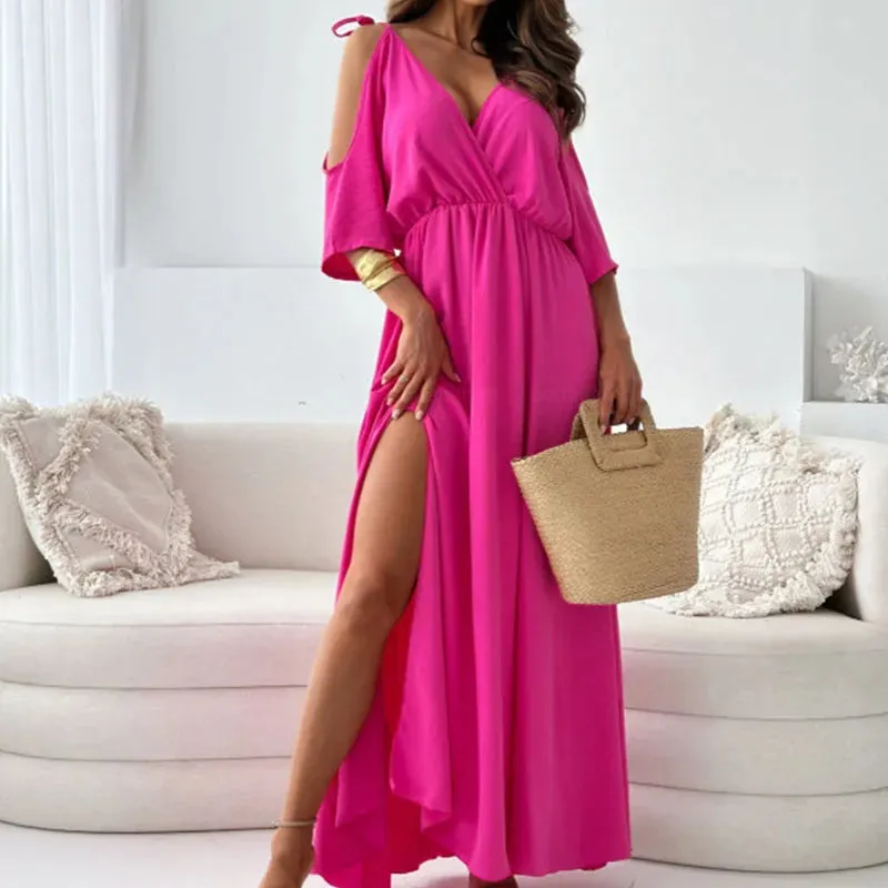 Lady V Neck Hollow High Waist Solid Color Pleated Commuting Loose Short Sleeved Party Sexy Dress