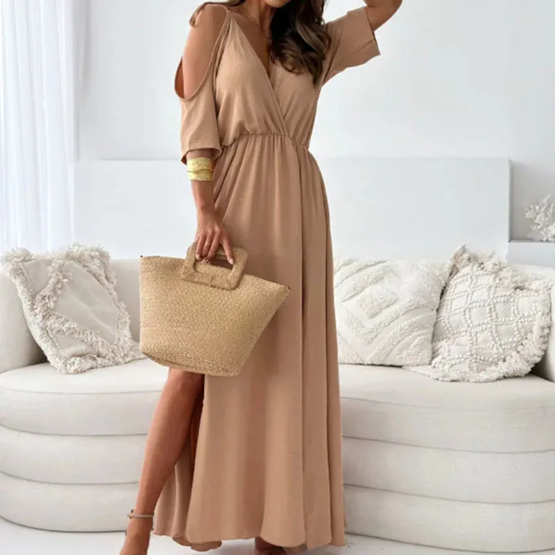 Lady V Neck Hollow High Waist Solid Color Pleated Commuting Loose Short Sleeved Party Sexy Dress