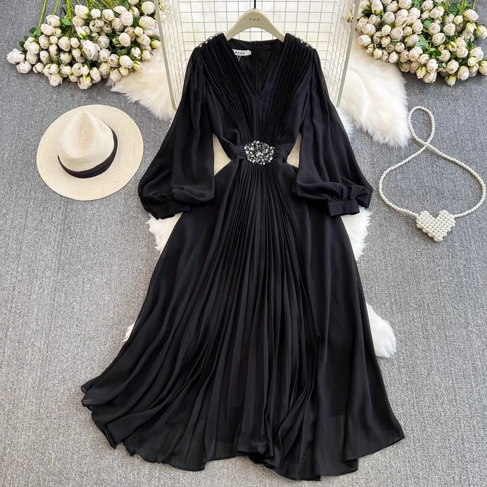 lantern long-sleeved V-neck A-line chiffon pleated dress elegant long skirt    S3982