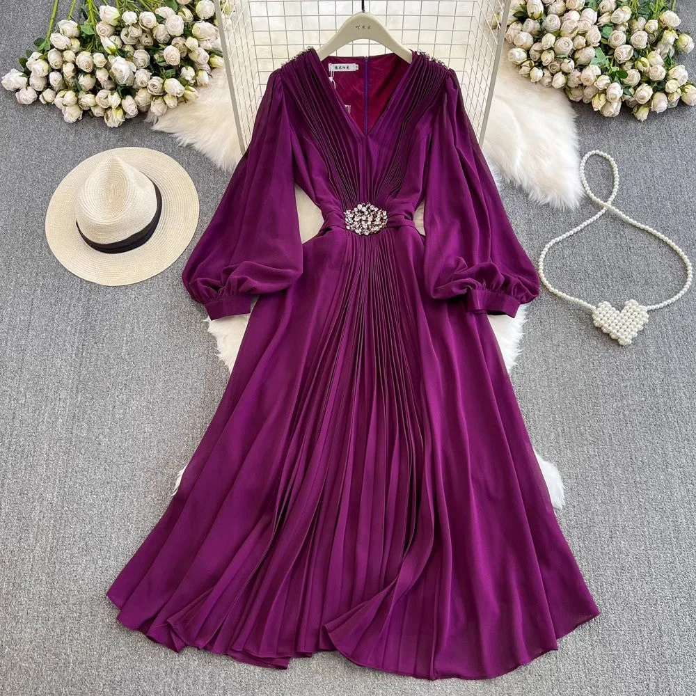 lantern long-sleeved V-neck A-line chiffon pleated dress elegant long skirt    S3982