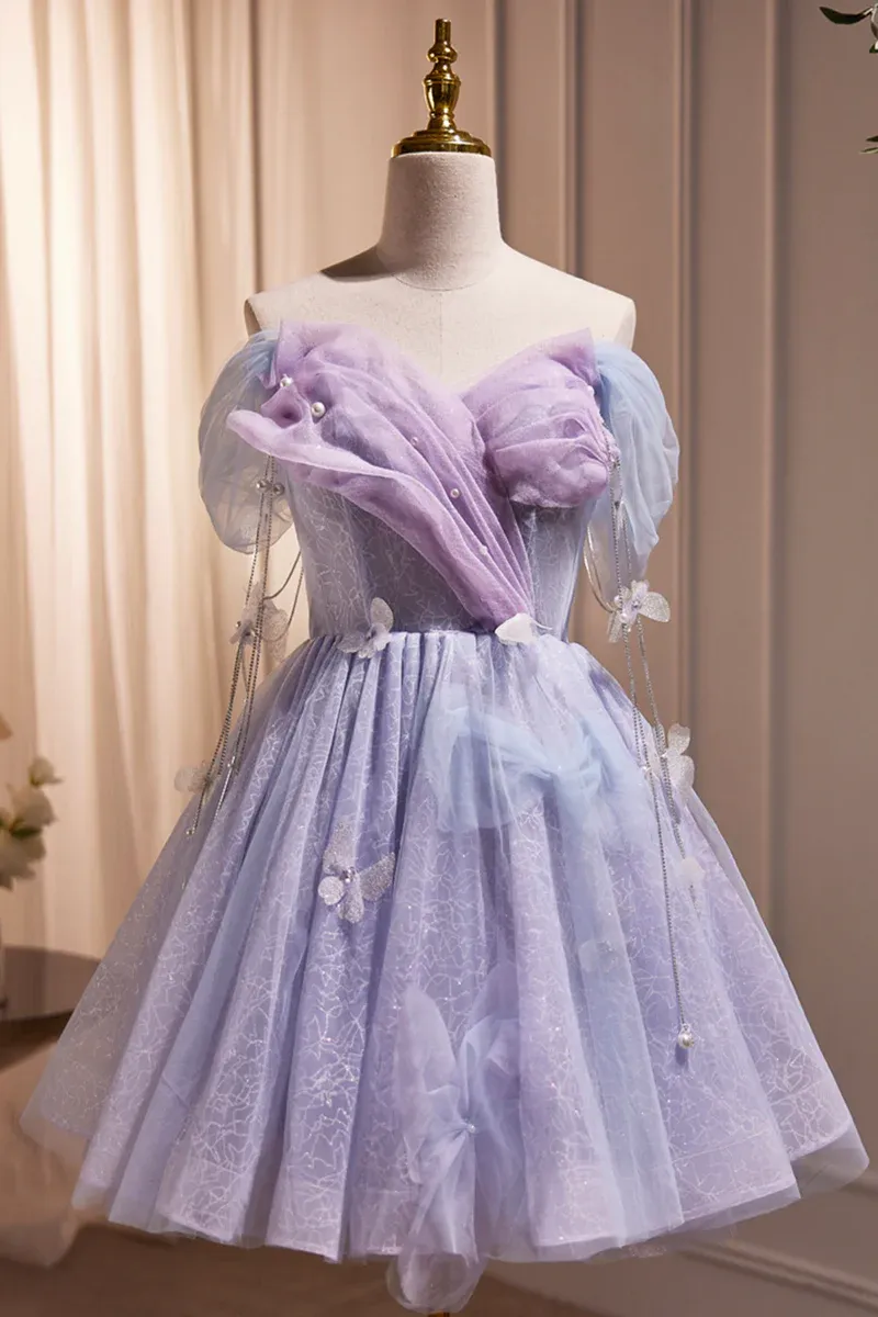 LightPurple Tulle Off Shoulder Short Prom Dress, Cute A-Line Off Shoulder Homecoming Dress