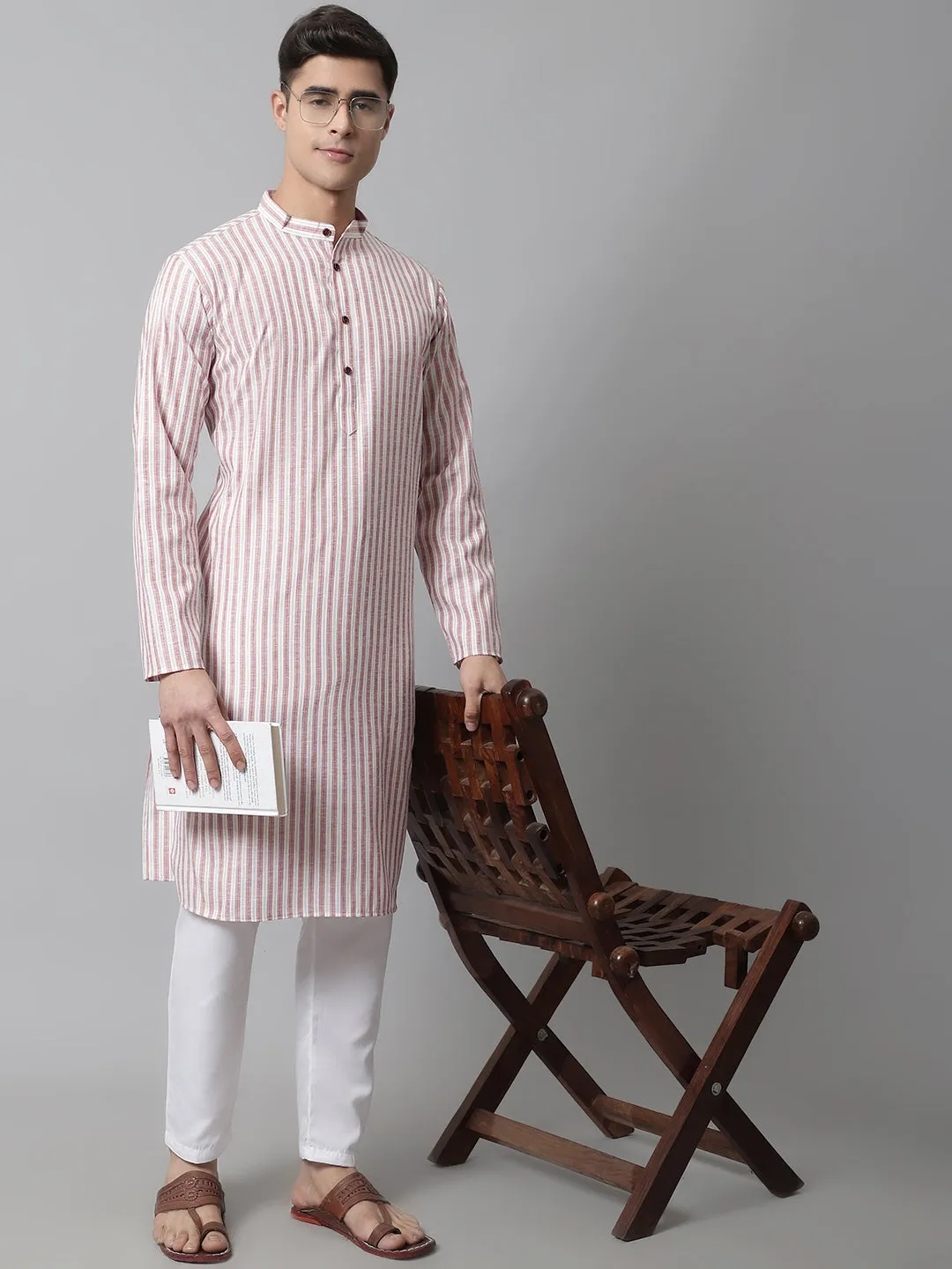 Men Orange And White Striped Kurtas