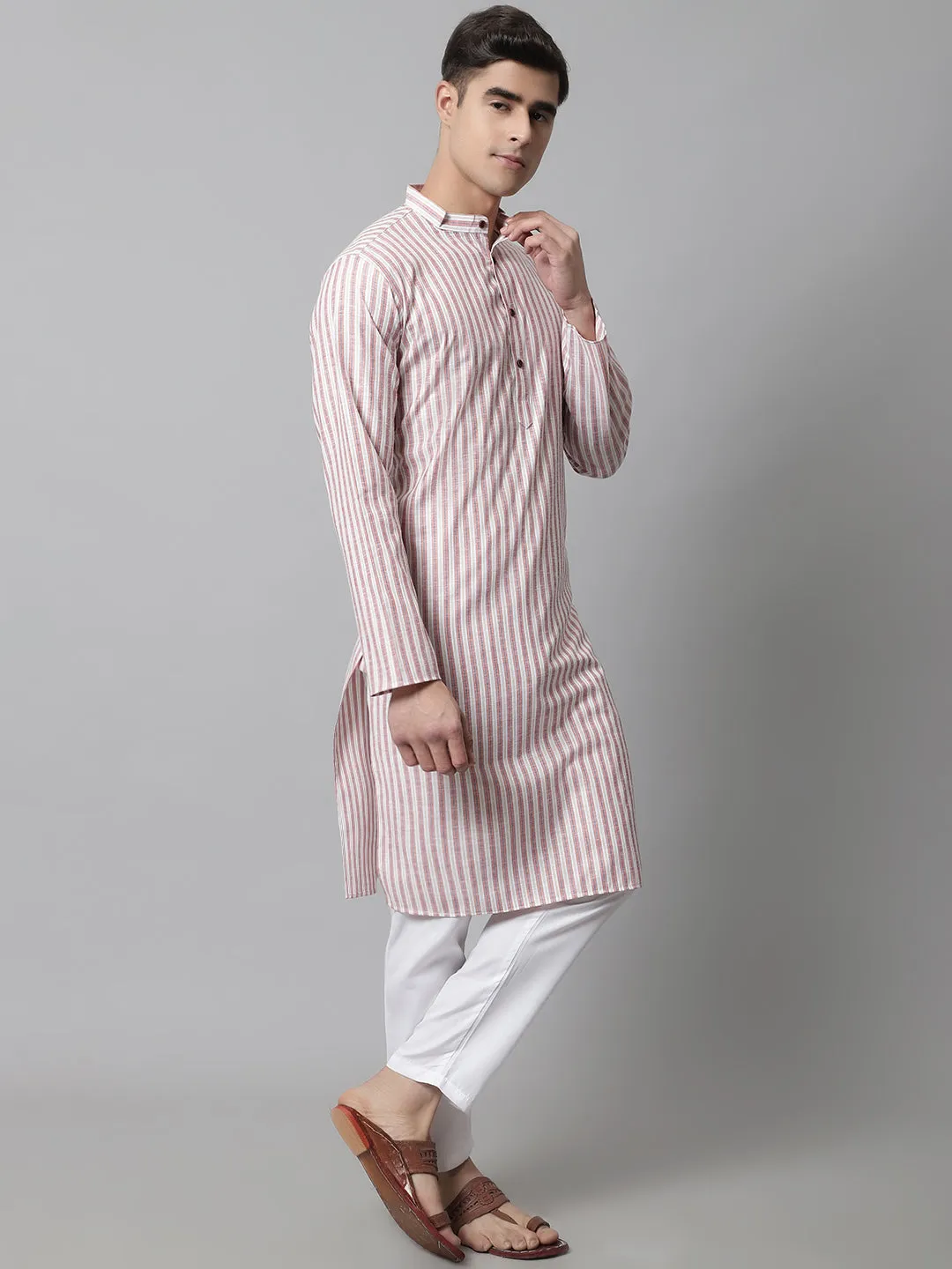 Men Orange And White Striped Kurtas