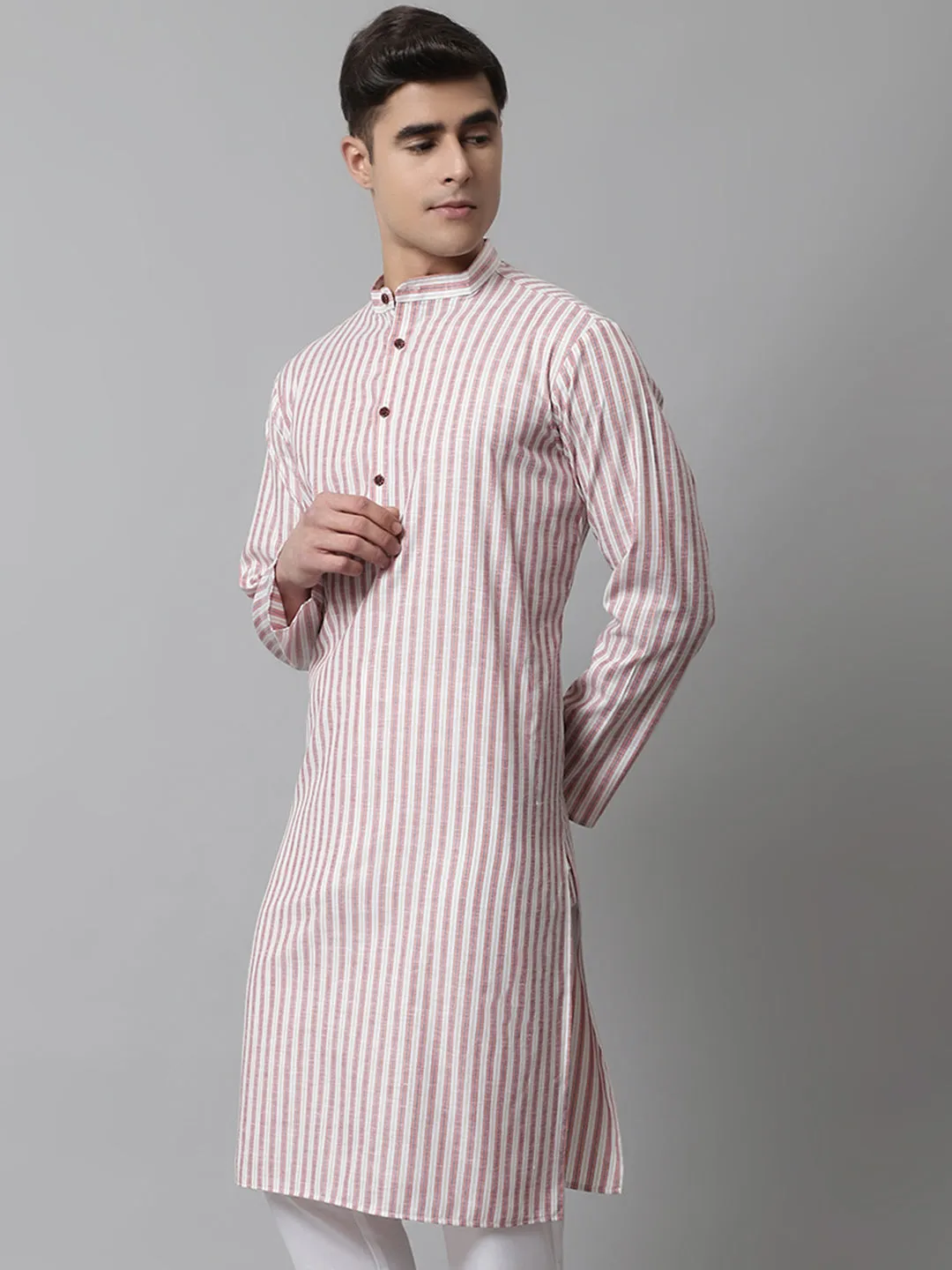 Men Orange And White Striped Kurtas