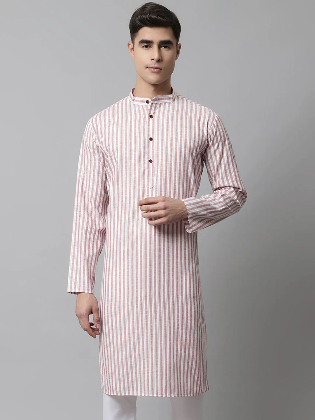 Men Orange And White Striped Kurtas